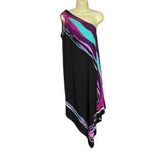 Cynthia Rowley Black Purple Turquoise One Shoulder Handkerchief Dress, size 12